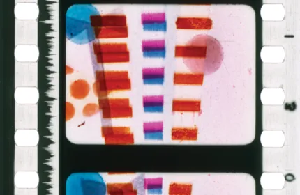 Film clipping of Len Lye film with abstract shapes in different colors