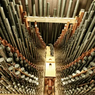An inside view of the pipes of an Aeolian organ in the historic mansion of the George Eastman Museum