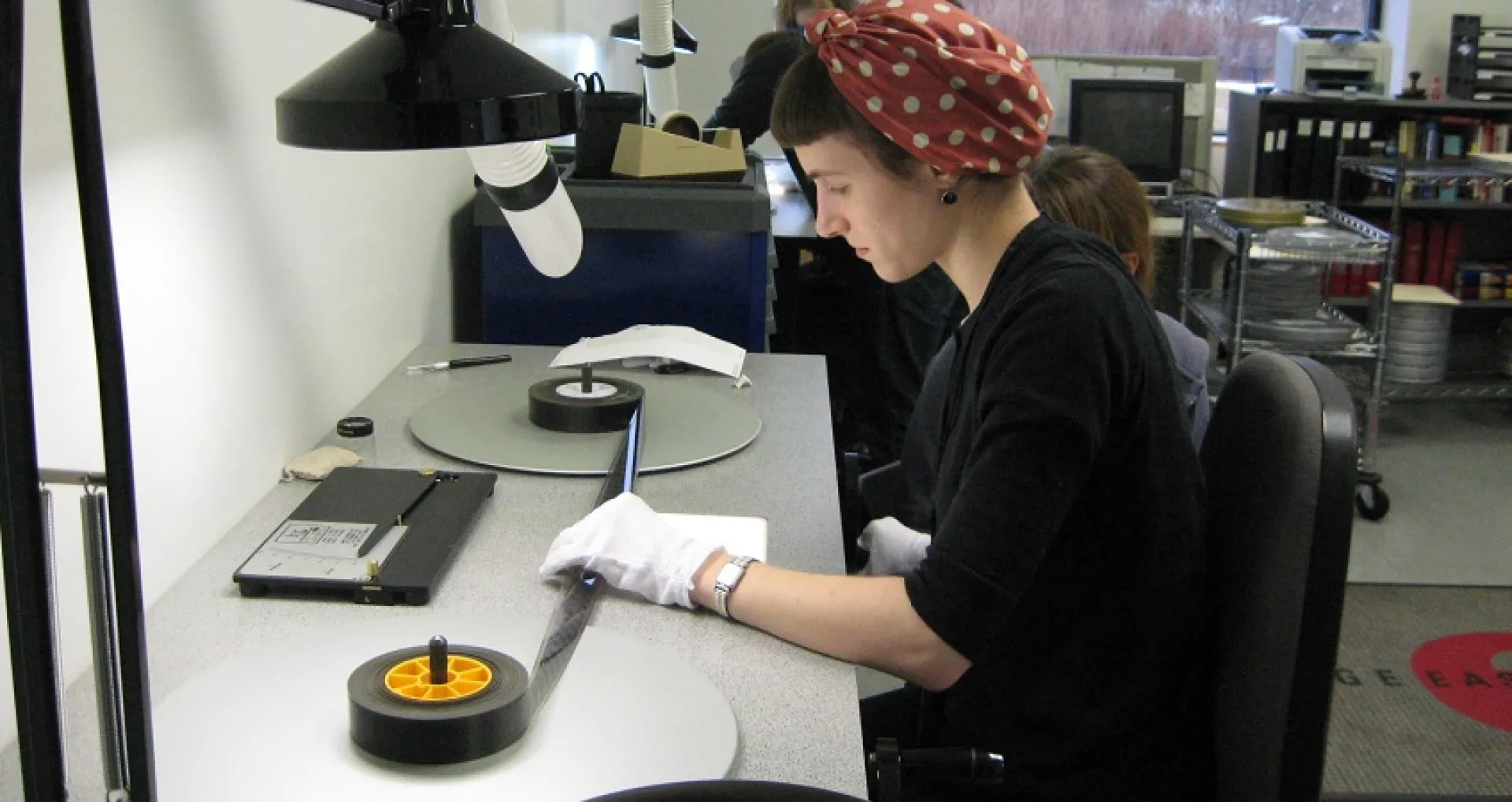 Students inspecting a print