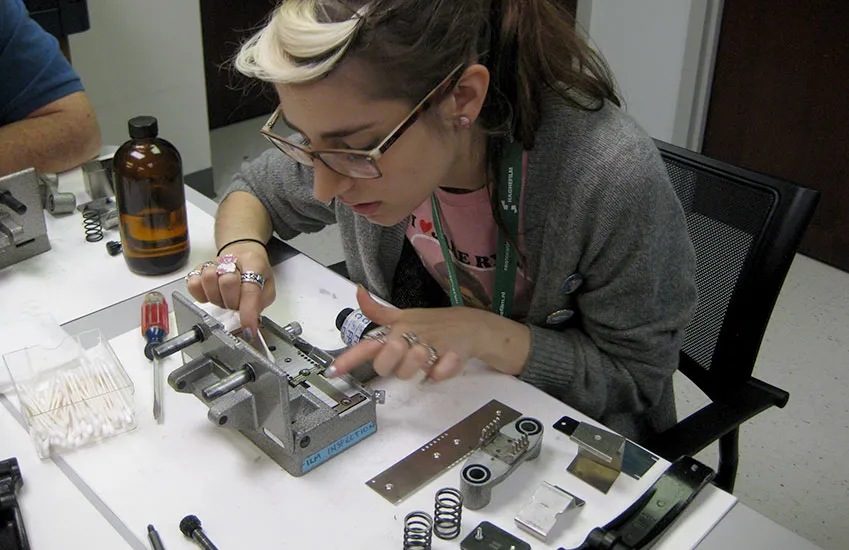 Students inspecting a film