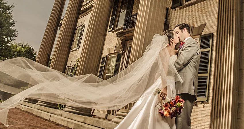 Wedding photograph outside the front of the mansion
