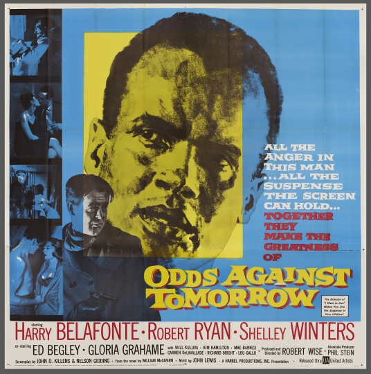 Poster for Odds Against Tomorrow (US 1959), close-up of a man's face, a man holding a fun, and scenes of seduction between a man and a woman 