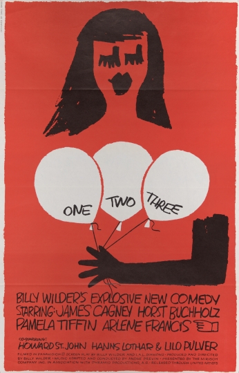Poster for One, Two, Three (US 1961), showing an illustrated woman holding three balloons