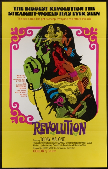 Poster for Revolution (US 1968) a colorful image of a hippie and Woodstock scenes imposed in the hippie