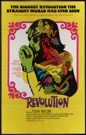 Poster for Revolution (US 1968) a colorful image of a hippie and Woodstock scenes imposed in the hippie