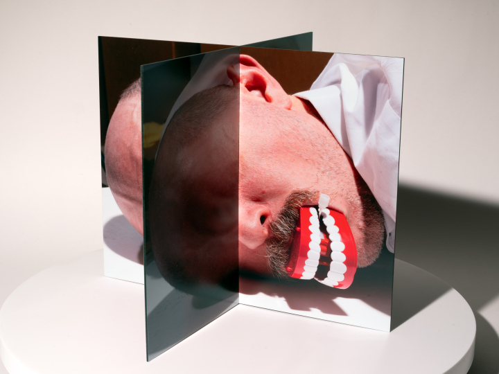 Lucas Blalock (b. 1978), Film-Object (Mouth), 2025 (detail), from Tête-à-tête-à-tête-à-tête-à-tête. UV-cured inkjet prints on Dibond, motorized turntable display. Courtesy of the artist.