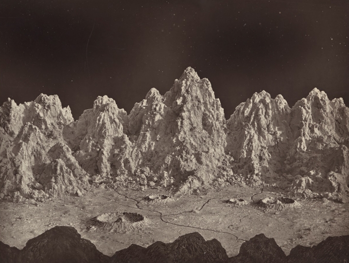 Plate 23, Group of Lunar Mountains, Ideal Lunar Landscape, from The Moon: Considered as a Planet, a World, and a Satellite, 1874 by James Hall Nasmyth and James Carpenter. The woodburytype image depicts the artists' vision of what mountains on the moon would look like. 