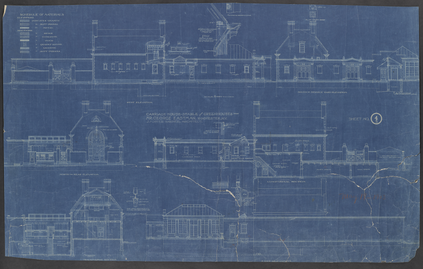 Blueprint of George Eastman's carriage house and greenhouses