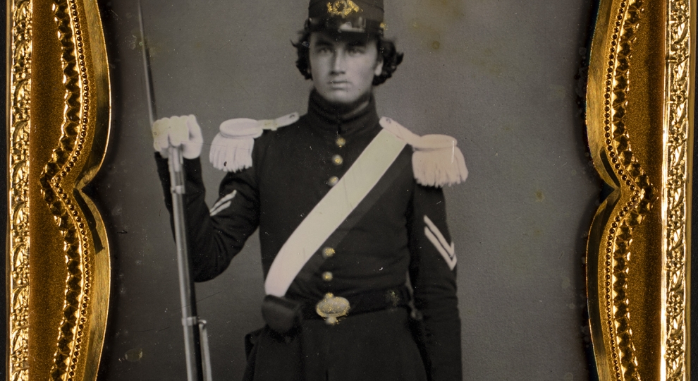 Soldier in dress uniform with rifle and bayonet, ca. 1855.