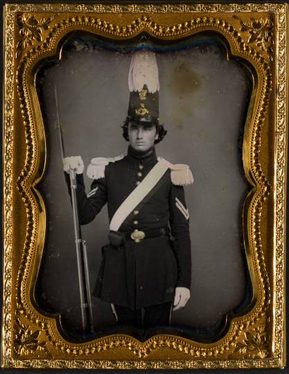 Soldier in dress uniform with rifle and bayonet, ca. 1855.