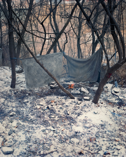 A makeshift camp in the woods