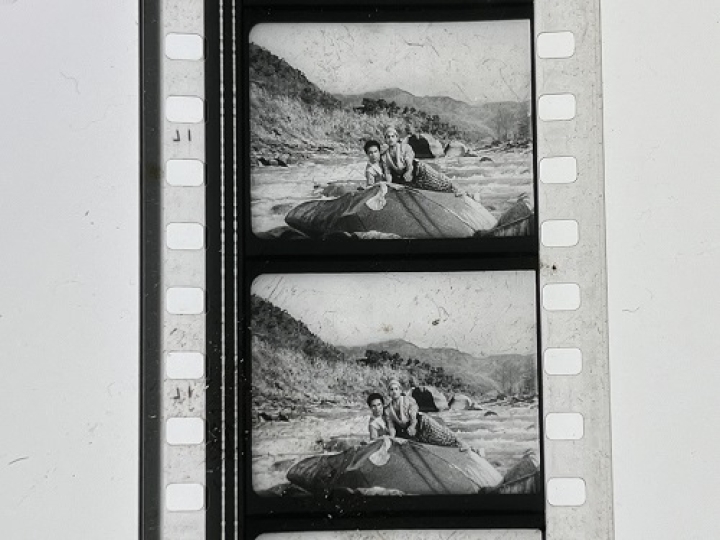 35mm film fragment depicting Rangeela on a rock.