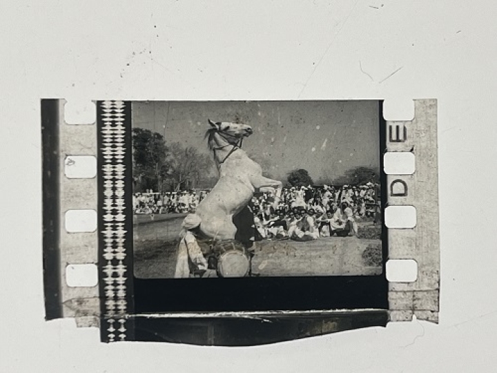 35mm film fragment depicting a man on a horse.