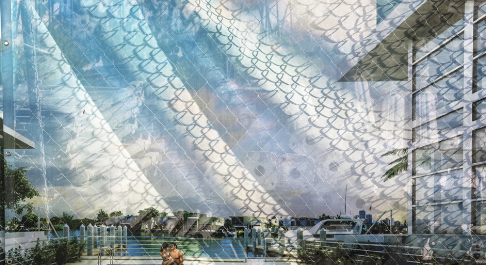 Construction cloth printed with an image of a swimming pool, covering chainlink fence, with construction worker visible at top of frame behind fence