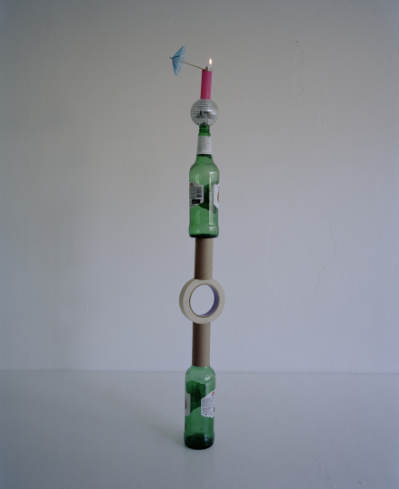 Beer Bottles, Toilet Paper Rolls, Masking Tape, Disco Ball, Bic Lighter and Cocktail Umbrella