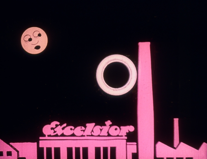 Cartoon of a factory and a moon with a face 
