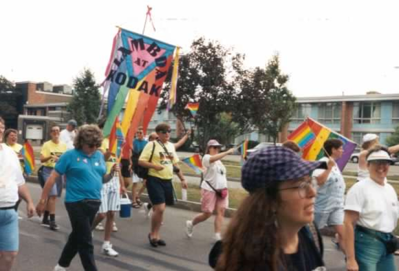 Lambda members participating in the 1993 March for Lesbian, Gay, and Bi Equal Rights, Washington, DC. Even before they formally acquired official recognition at Kodak, Lambda members met as a support group and participated in off-campus events.