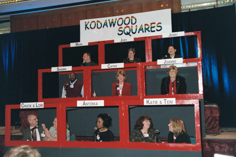Lambda members and allies perform a skit based on the popular TV quiz show, Hollywood Squares, at the 2002 Lambda Network at Kodak's Annual Education Event with Management. At these events, Lambda members shared their first-person experiences of being LGBTQ in the workforce, and informed managers of how they could make Kodak a more inclusive and LGBTQ-friendly workplace.