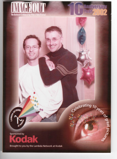 Portrait of Lambda member Jim Ehmann and his partner, Brian, made by the Lambda Photobooth at a 2002 Image Out film festival event. Kodak was a corporate sponsor of Image Out, Rochester’s Lesbian and Gay Film and Video Festival (now the Rochester LGBTQ+ Film Festival).