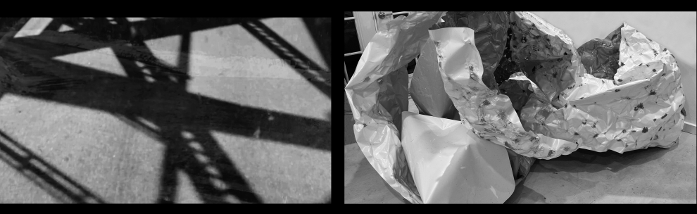 Joy Episalla, left: still from As long as there’s you, As long as there’s me, 2023, 35 mins.; right: detail view of (foldtogram (chromo white/blue, winter 40’ x 50”), 2025, light sensitive chromogenic object, dimensions variable
