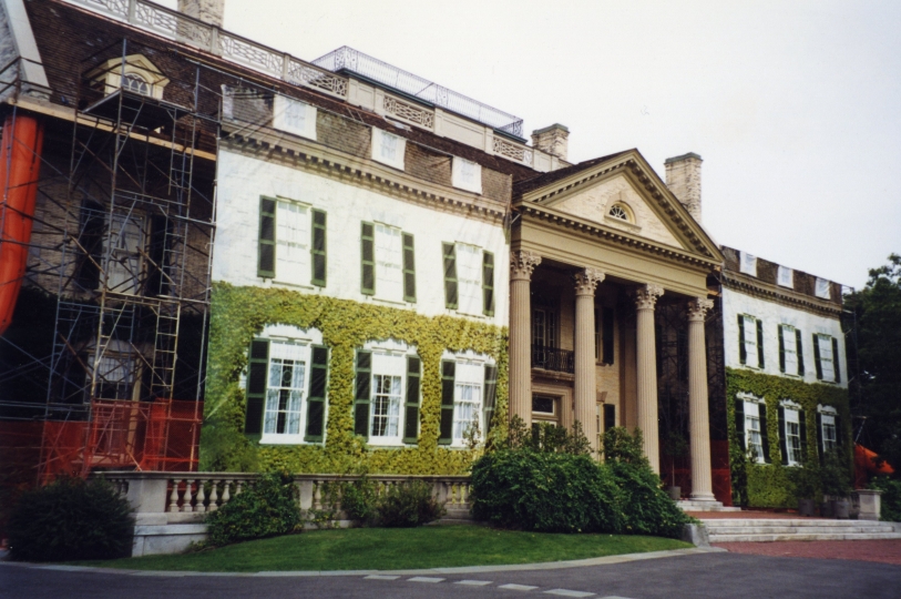 When the roof of the George Eastman House was being repaired a photo of the front of the house was put on fabric and it hung over the scaffolding. This way visitors could still get a photo of the front of the national historic landmark and contractors were hidden from view.