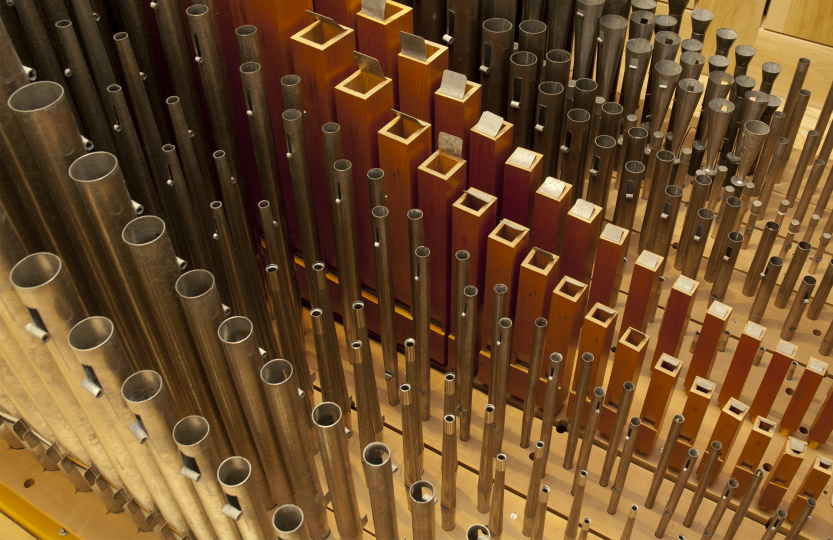 Rows of pipe organ pipes