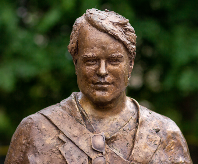 Close-up of bronze sculpture of actor Philip Seymour Hoffman