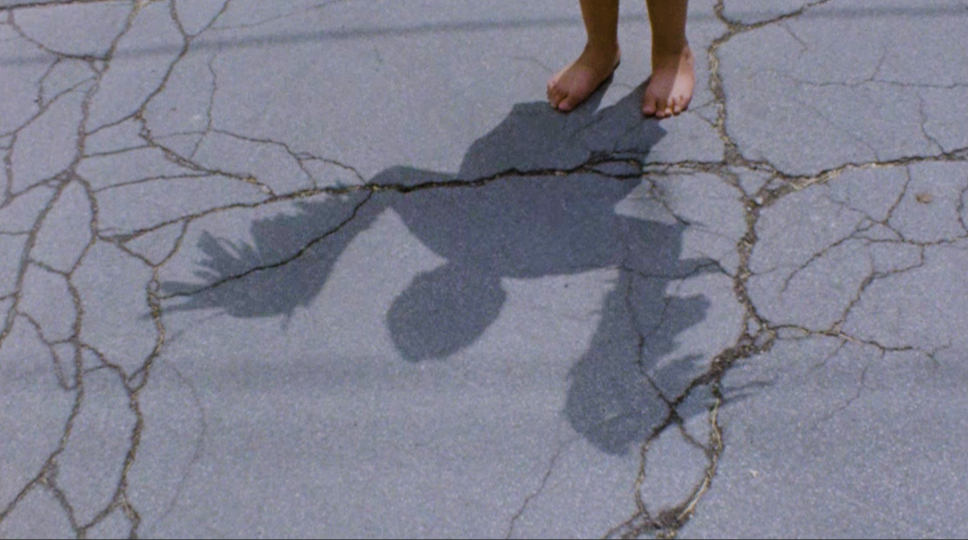 A shadow over concrete that looks human/bird like