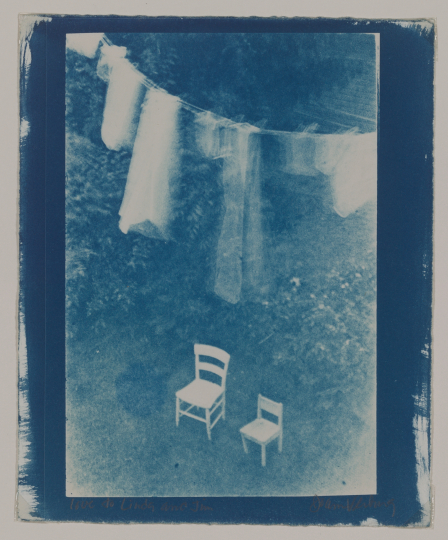 JoAnn Verburg (American, b. 1950), Clothesline and two chairs in backyard, ca. 1977. Cyanotype. George Eastman Museum, gift of James and Linda Reilly, 2024.