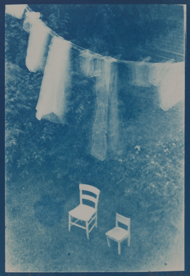 JoAnn Verburg (American, b. 1950), Clothesline and two chairs in backyard, ca. 1977. Cyanotype. George Eastman Museum, gift of James and Linda Reilly, 2024.