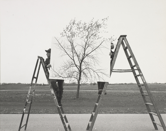 Photograph by JoAnn Verburg depicting two people on ladders holding up a photograph of a tree in front of a tree 