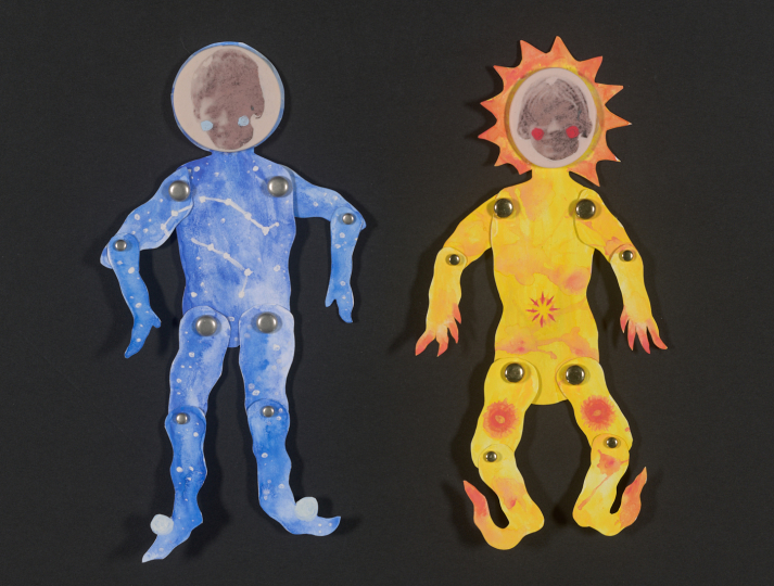 Stephanie Crawford, The Twins, from the exhibition Photo Art Therapy: A Convergence of Creativity and the Healing Process. Paper puppets, polymer clay, gouache, watercolor paper. Courtesy of the artist. 