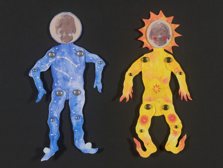 Stephanie Crawford, The Twins, from the exhibition Photo Art Therapy: A Convergence of Creativity and the Healing Process. Paper puppets, polymer clay, gouache, watercolor paper. Courtesy of the artist. 