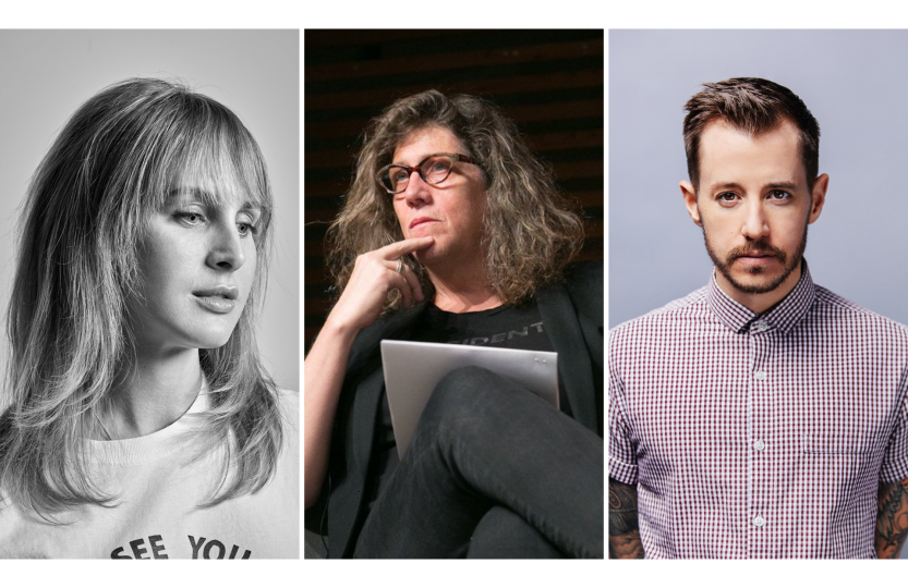 Three portraits from left to right of Zackary Drucker, Susan Stryker, and Chase Joynt