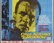 Poster for Odds Against Tomorrow (US 1959), close-up of a man's face, a man holding a fun, and scenes of seduction between a man and a woman 