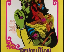 Poster for Revolution (US 1968) a colorful image of a hippie and Woodstock scenes imposed in the hippie