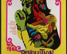 Poster for Revolution (US 1968) a colorful image of a hippie and Woodstock scenes imposed in the hippie