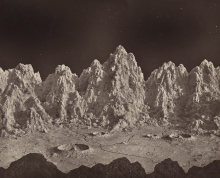Plate 23, Group of Lunar Mountains, Ideal Lunar Landscape, from The Moon: Considered as a Planet, a World, and a Satellite, 1874 by James Hall Nasmyth and James Carpenter. The woodburytype image depicts the artists' vision of what mountains on the moon would look like. 