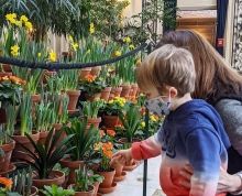 Child and parent looking at flowers