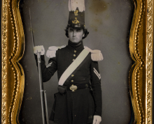 Soldier in dress uniform with rifle and bayonet, ca. 1855.