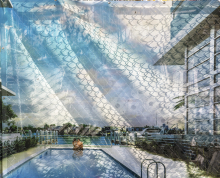 Construction cloth printed with an image of a swimming pool, covering chainlink fence, with construction worker visible at top of frame behind fence