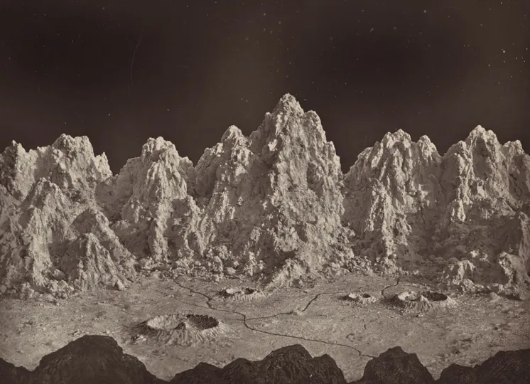 Plate 23, Group of Lunar Mountains, Ideal Lunar Landscape, from The Moon: Considered as a Planet, a World, and a Satellite, 1874 by James Hall Nasmyth and James Carpenter. The woodburytype image depicts the artists' vision of what mountains on the moon would look like. 