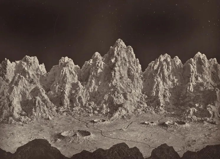 Plate 23, Group of Lunar Mountains, Ideal Lunar Landscape, from The Moon: Considered as a Planet, a World, and a Satellite, 1874 by James Hall Nasmyth and James Carpenter. The woodburytype image depicts the artists' vision of what mountains on the moon would look like. 