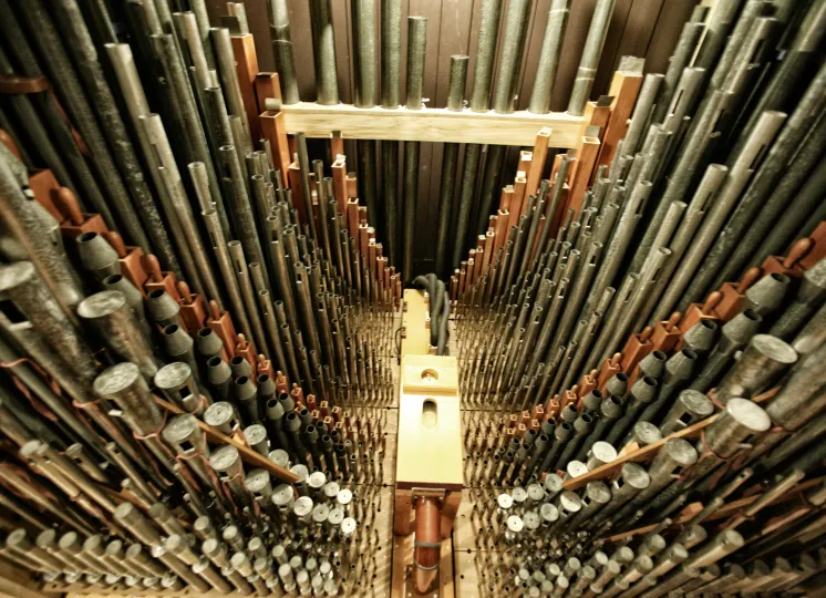 An inside view of the pipes of an Aeolian organ in the historic mansion of the George Eastman Museum
