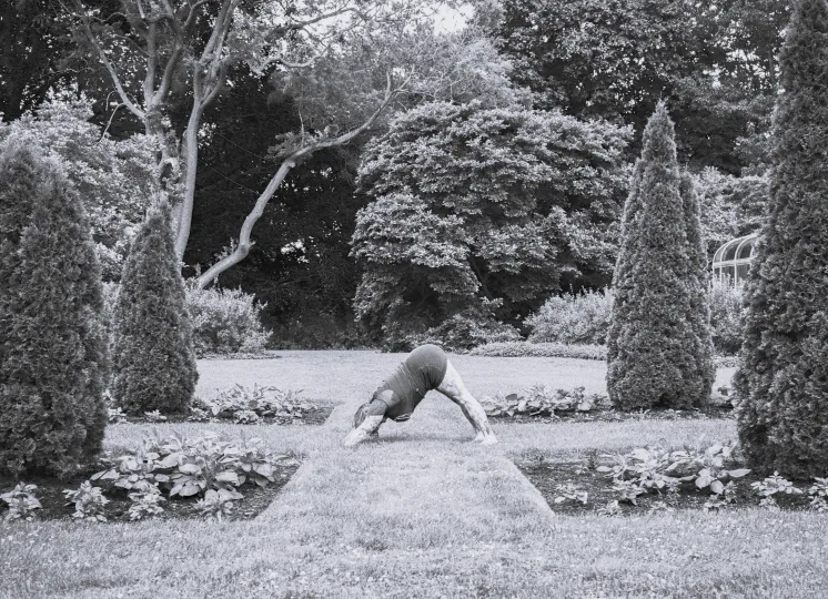A person practices the downward-facing dog yoga pose on a lawn.
