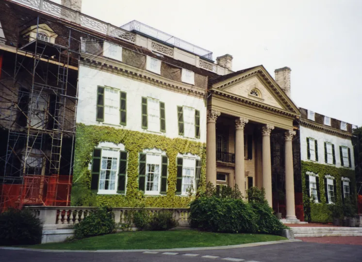 When the roof of the George Eastman House was being repaired a photo of the front of the house was put on fabric and it hung over the scaffolding. This way visitors could still get a photo of the front of the national historic landmark and contractors were hidden from view.