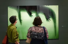 Two adults looking at artwork on a gallery wall