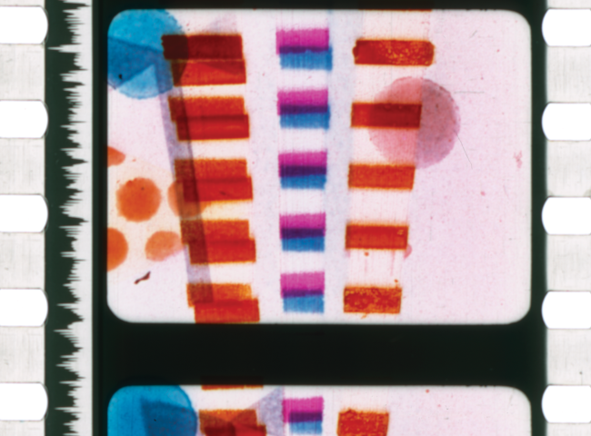 Film clipping of Len Lye film with abstract shapes in different colors