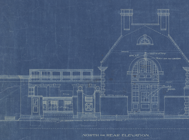 Detail of blueprint of George Eastman's carriage house and greenhouses