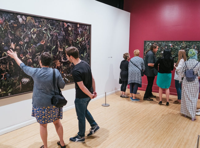 Group in a gallery looking at photographs